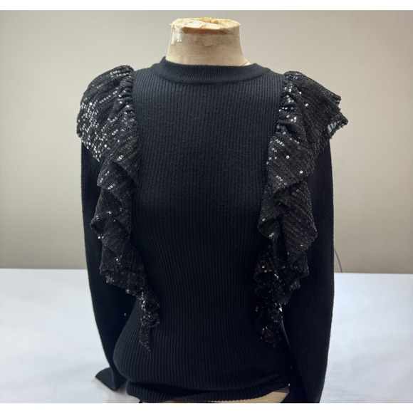 EUC Cache Ruffle Sequin Sweater Ribbed Fairy Lace Gothic Whimsigoth Black XXS - Picture 3 of 9